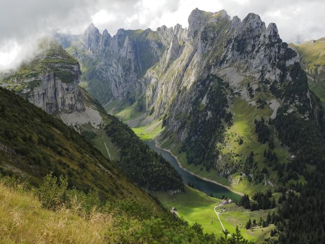 Landscape of the Alpstein region in the Canton of Appenzell. View of the Wideralpstöck mountains and Fählensee lake. Photo taken from a hike last week. More on this hike here: https://swissfamilyfun.com/saxer-lucke-hike/