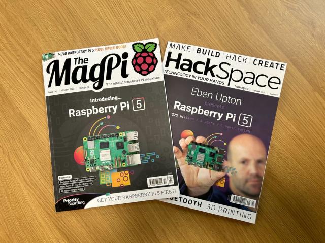 Special front covers of the magpi and hackspace magazine celebrating raspberry pi 5 launch. 