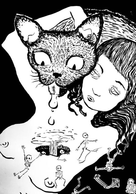 A sleeping woman is half asleep and with hey right arm, enrolls the head of giant cat. The cat is drooling on her naked chest, and the drool falls in a crater near her heart, where little skeletons come out of, and start jumping off from her body into the darkness.