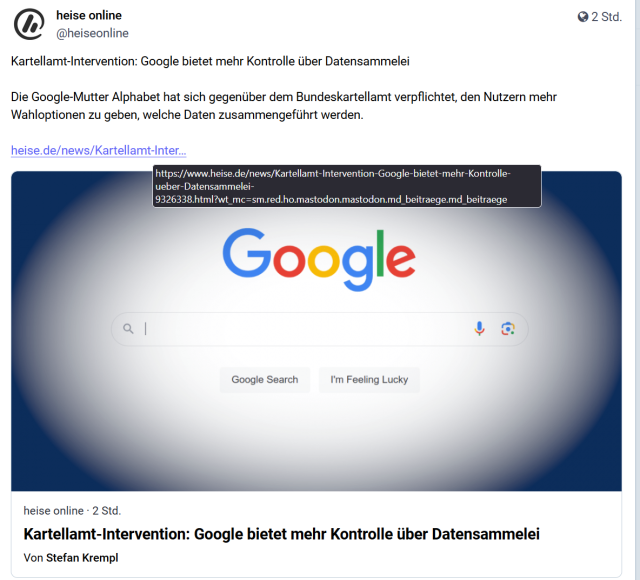 Screenshot eines Mastodon-Posts mit URL (inklusive URL-Parameter)