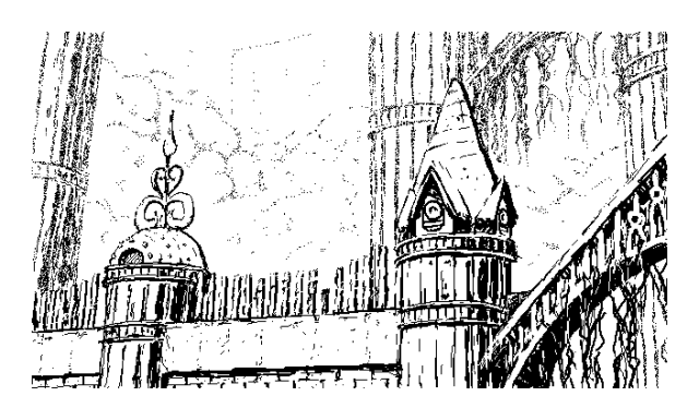 A messy 1-bit black & white illustration. A stone wall connected with two towers with some grooves running vertically on their shafts. A diagonal bridge-like structure with an intricate framework connected to one of the towers, overgrown with hanging foliage. Several massive pillars, much bigger in diameter than the towers, can be seen up ahead in the distance. There is no one here — these ancient structures have stood there for centuries. Thick clouds spread across the sky; behind them a vague silhouette of a superstructure. Nothing but light rain and faint, calming wind.