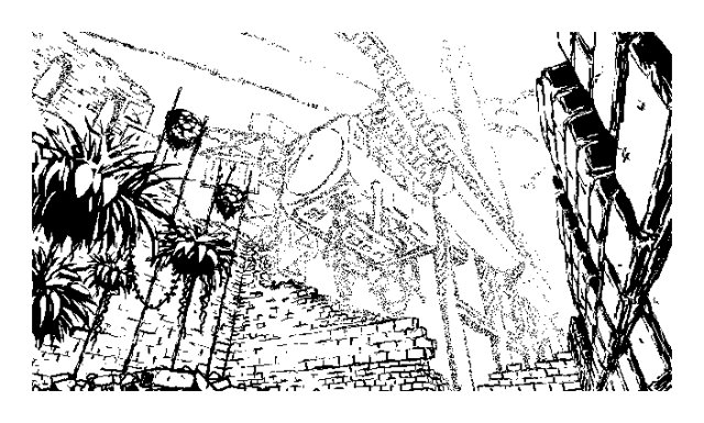 An illustration of a view from the ruins of an old building drawn in a very noisy 1-bit style. The interior of the building is a home to some bush-like species of plants with vines entwining the branches. The walls are worn down and decayed; a pile of rubble on the floor is what remains, but this gives way to a vast landscape up ahead. We don't see far into the distance, as the fog covers nearly everything. The crumbling temple looks outward in silence to some equally crumbling gigantic piece of machinery. A railway bridge suspended in the air by a line of giant pillars stretches into the distance, carrying a caravan of train wagons. A transit control tower looms up above in front of a layer of thick clouds.