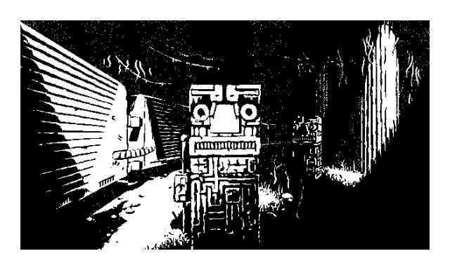 A 1-bit black & white illustration. Dappled, overexposed sunlight describing the defocused shape of a ground fissure on the surface falls against the architecture in a dark, underground tunnel. The central part of the image is occupied by a stone statue with a very square head, large nose, wide mouth, and a hand that holds some sort of a spear. A similar statue can be seen a bit further up ahead next to two large pillars that reach all the way to the ceiling. This ancient architecture is contrasted by a line of train wagons coming from the distance. The sunrays reveal numerous little particles floating in the air; a thousand little grains against the solid, featureless darkness.