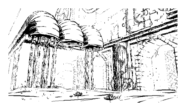 A grainy 1-bit black & white illustration. Water flowing from wide, rusted pipes, falls into a small reservoir that covers an entire floor of an old building. It spans several corridors that go off into the distance, embellished with sparse foliage, stone columns, and faded graffitis. Some old machinery near the ceiling: never-ending pipes and huge valve wheels.