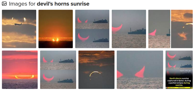 A number of images of the devil's horns: the sun partially eclipsed by the moon, emerging from a horizon of sea.