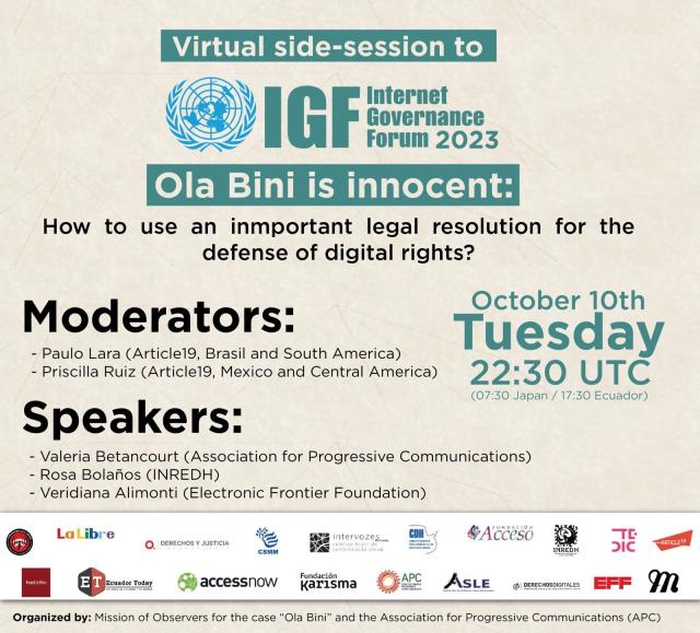 Session announcement to discuss how to use Ola Bini's case as an important legal resolution for the defense of digital rights. October 10th, 22:30 UTC