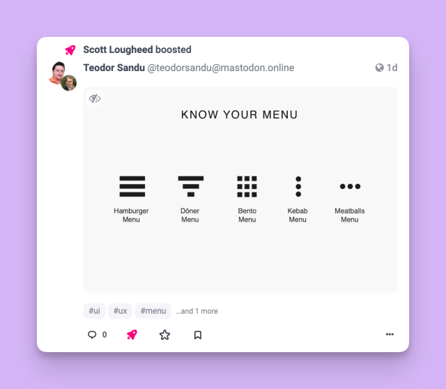 Screenshot of a toot with a few hashtags displayed below the attached image. 