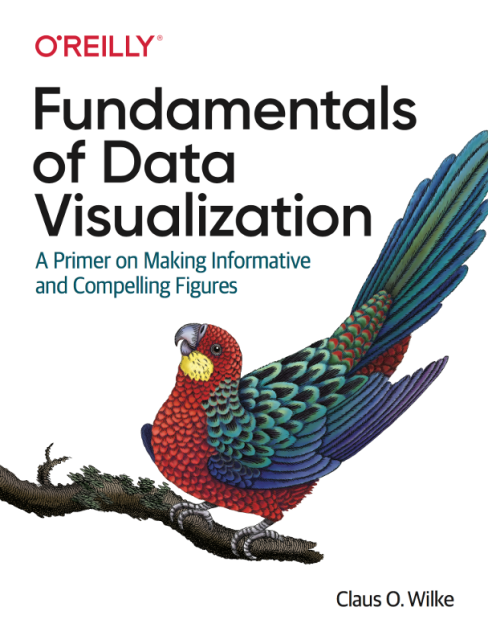 Red text top left: O'REILLY®
Big black text: Fundamentals of Data Visualization
Small blue text under title: A Primer on Making Informative and Compelling Figures.
Vintage illustration of parrot with red breast, yellow cheeks, blue tail and wing points, and green in the body of the wings.
Black text bottom right: Claus O. Wilke