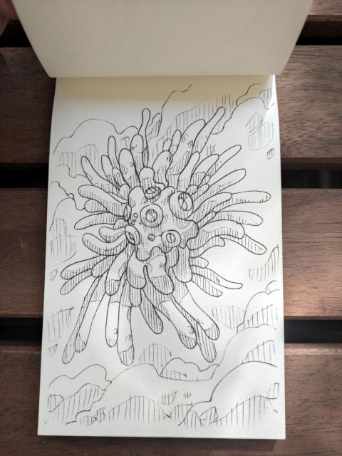 A black & white sketchbook illustration of irregular & organic looking technological shape, floating freely. It looks like an amoeba or jellyfisch.
