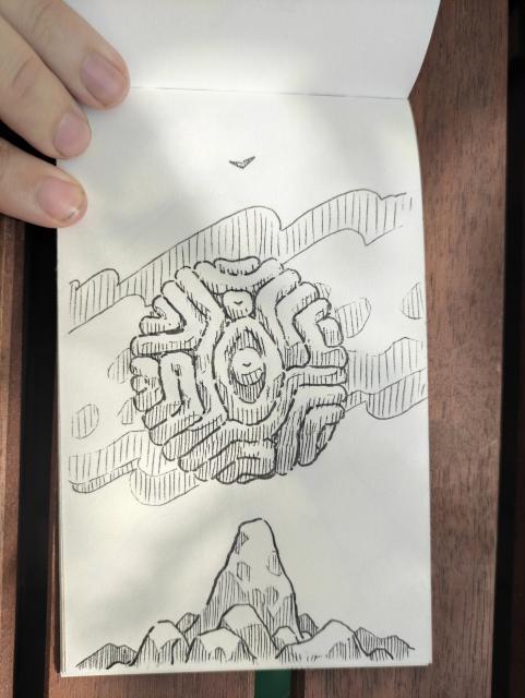 A black & white sketchbook illustration of spherical, organic looking technological shape, floating above a mountainside. A lonely bird flying in the sky.