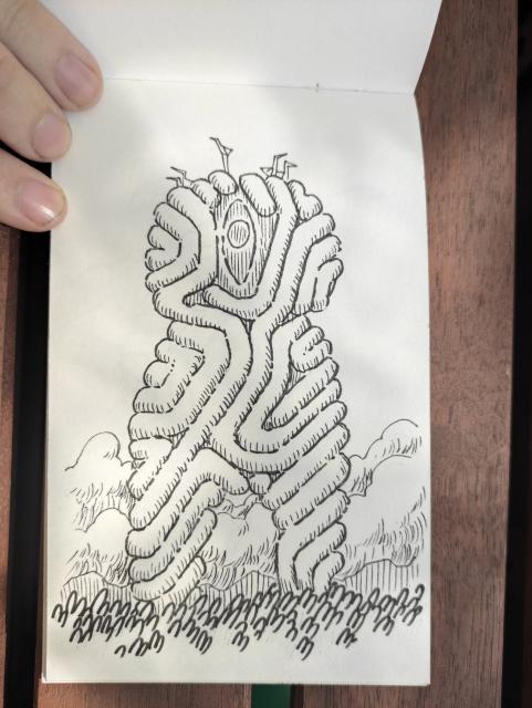 A black & white sketchbook illustration of an organic looking statue, made of neatly layered tubes, standing on a small hill of grass. Some birds nesting on its top.