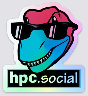 Cool-looking sticker image showing a grinning dino with shades atop the hpc.social base logo.