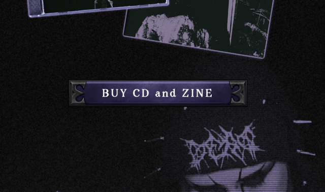screenshot of a website showing an old school button with textures and a bevel reading "BUY CD and ZINE"