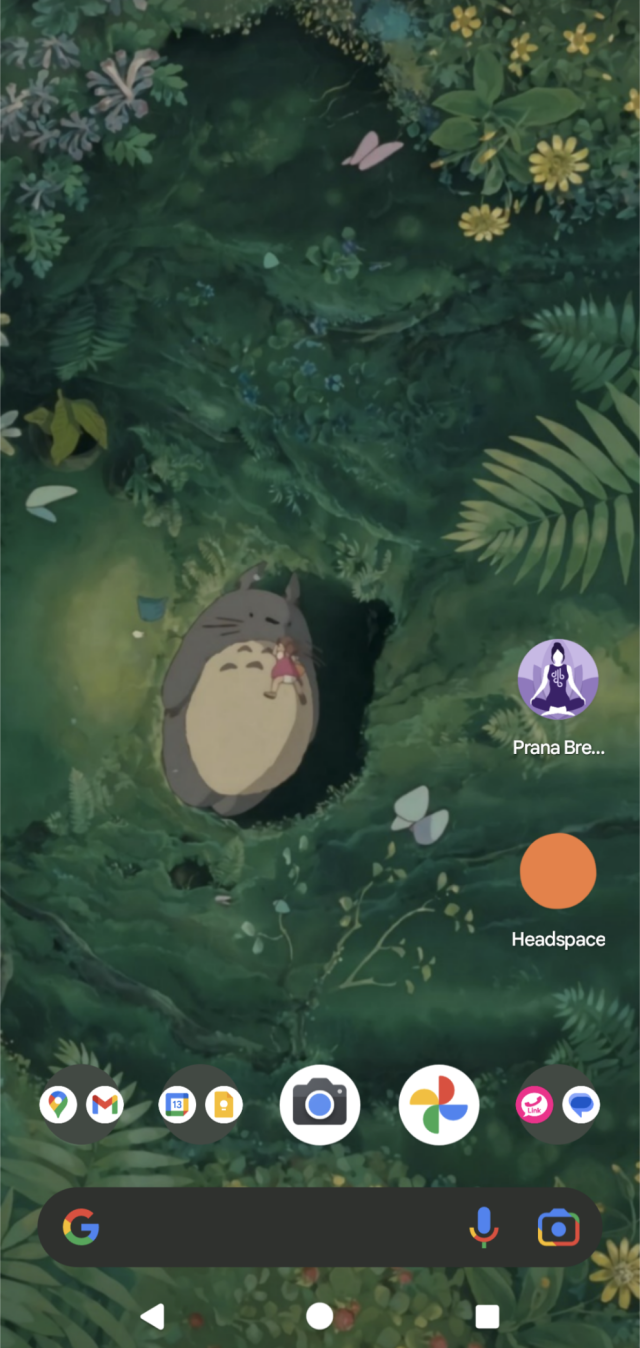 Screenshot of phone displaying a background with Totoro in a green leafy surrounding