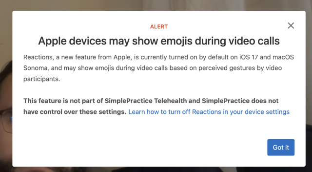 "Apple devices may show emojis during video calls" warning from an online therapy provider
