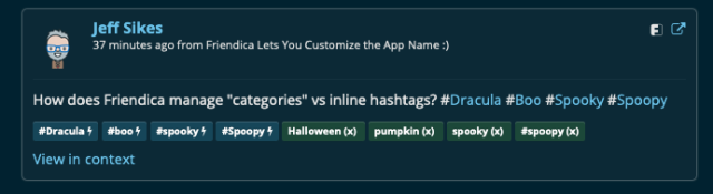 Screenshot of Friendica post, with several hashtags entered inline in the post, and then some categories which are added separately. The categories appear with a green background, while the hashtags have a lightning bolt. Also, it appears I can remove the categories from there, but not the hastags.