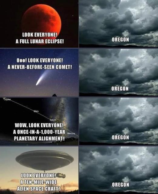 A meme. 8-panel grid. On the left, interesting celestial events. On the right, Oregon cloud cover obscuring them all.

LOOK EVERYONE!
A FULL LUNAR ECLIPSE!
OREGON: CLOUDS

000! LOOK EVERYONE!
A NEVER-BEFORE-SEEN COMET!
OREGON: CLOUDS

WOW, LOOK EVERYONE!
A ONCE-IN-A-1,000-YEAR MOON
PLANETARY ALIGNMENT!
OREGON: CLOUDS

LOOK EVERYONE?
A TEN -MILE-WIDE
ALIEN SPACE CRAFT!
OREGON: CLOUDS