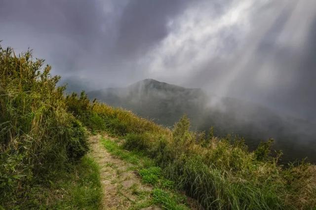A peaceful hiking trail atop Seven Star Mountain in Yangmingshan National Park, Taiwan. The trail crosses a grassy hillside with mountains in the distance. The cloudy, misty sky above allows a few rays of sunlight to shine through.