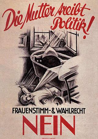 A painting of a black cat in a crib while the child is falling out of it. The room is generally untidy.

Caption: Mother is doing politics.