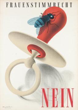 A picture of a pacifier with a fly on it. The caption is simply "Women's suffrage NO"
