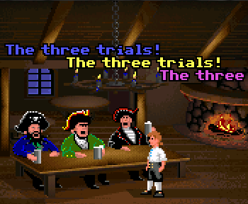 Screenshot from the first Monkey Island, inside the Scumm Bar, with the three pirate chiefs howling "The Three Trials!" altogether 