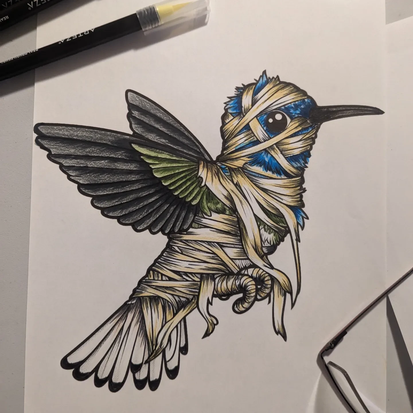 AI generated coloring book page hummingbird mummy