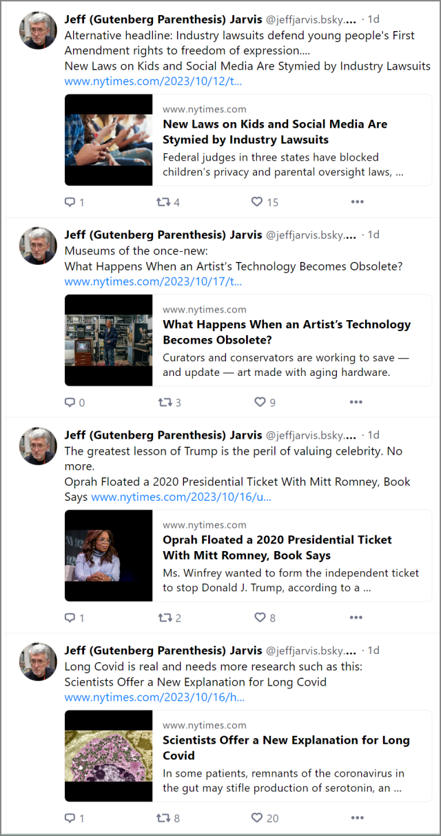 Jeff Jarvis posting to Bluesky shows link cards.