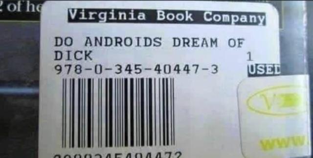 Barcode for Philip K Dick's book "Do androids dream of electric sheep" unfortunately printed as "Do androids dream of Dick"