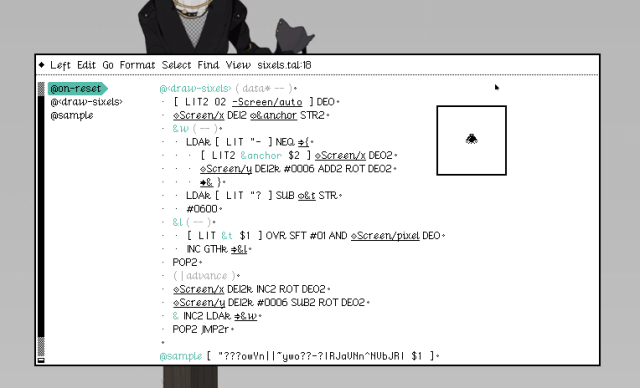 Sixels implementation code in Left text editor, written in Uxntal.