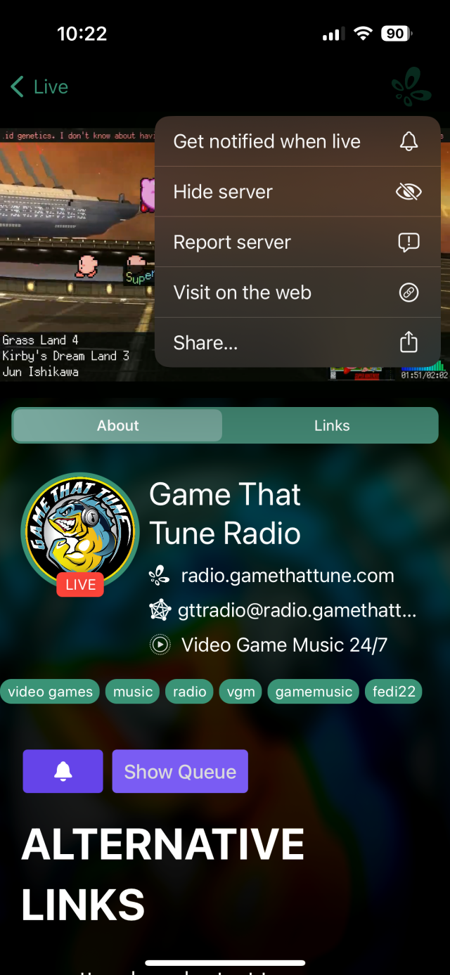 Screenshot from the Owncasts iOS application showing the stream detail menu.