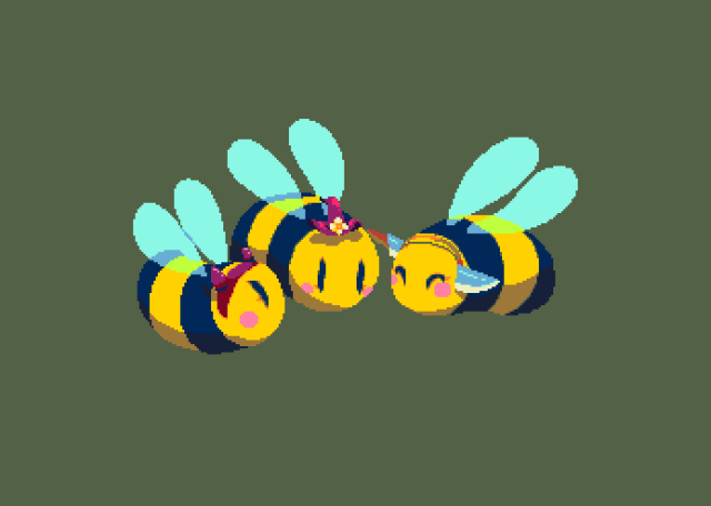 A pixel art of three bean-shaped bees assembled chatting while wearing Halloween costumes. From left to right: the first one is wearing a red devil headband, the middle is wearing a floating witch hat and the third one is wearing a knife headband.