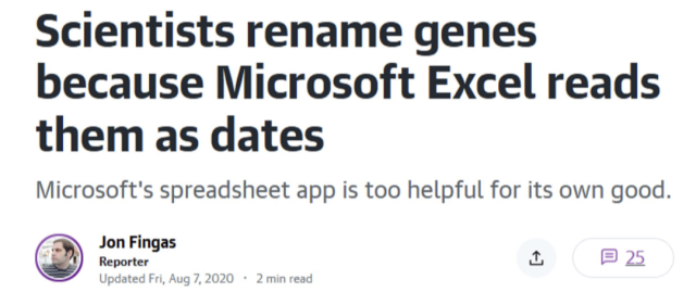 A headline reading, "Scientists rename genes because Microsoft Excel reads them as dates,"