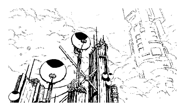 A 1-bit black & white illustration portraying a ruined communications facility amidst a backdrop of dense, layered clouds. Our attention is divided; a colossal mast seen through an opening in the cloud cover, its intricacies veiled by the mist. Stretching far beyond the clouds, we could probably see the top but its details would be blurred from the sheer verticality. In the foreground, crumbling pillars that straddle the clouds, adorned with numerous dish antennas that have weathered the passage of centuries; their purpose now a fading echo of forgotten voices, long dead.