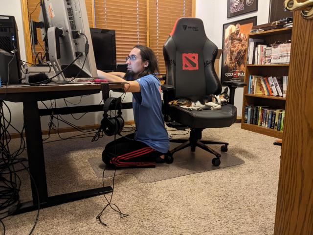 I'm kneeling on the ground and staring intently at my work computer while my dog sleeps peacefully in my chair behind me, which he has displaced me from.