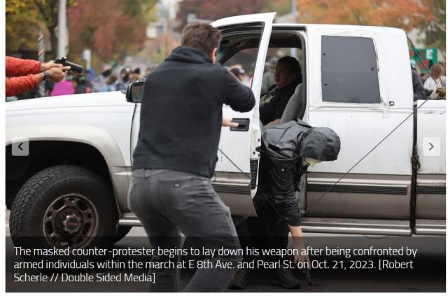 Two rally goers pull their own handguns on person driving a truck who pulled a gun on pro-Palestine protesters in Eugene, Oregon. 