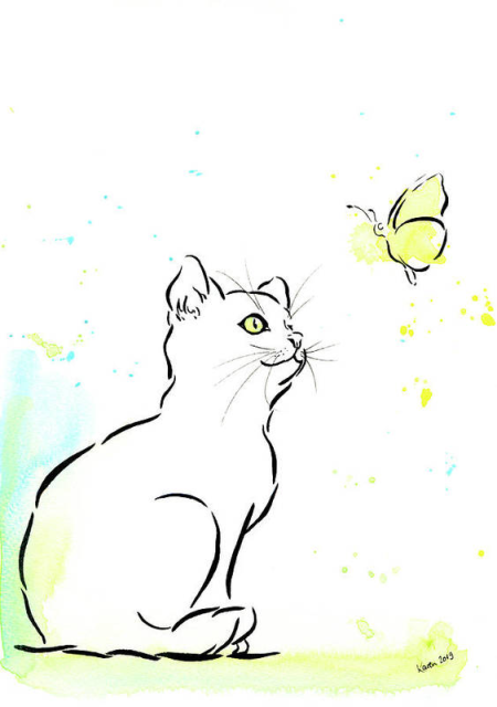 Friendship is a painting in vertical portrait by artist Karen Kaspar. A cute cat is sitting on the floor and is looking curiously up to a butterfly which is looking back at the kitty. The animals are drawn with black ink on a white background. Loose paint splashes of yellow and blue watercolor are coloring the butterfly, the cats eye and the background.