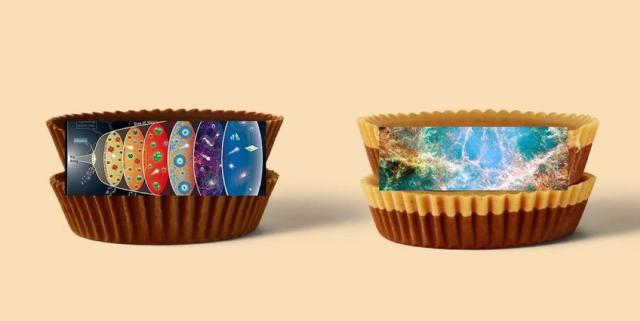 A color photo of two Reeses cups with a diagram of Big Bang Nucleosynthesis superimposed over one, and an image of the Crab Nebula superimposed on the other.

"History and Fate of the Universe" cut-out image credit: CPEP / DOE / LBNL / NASA
Crab Nebula image credit: NASA, ESA, J. Hester and A. Loll (Arizona State University)