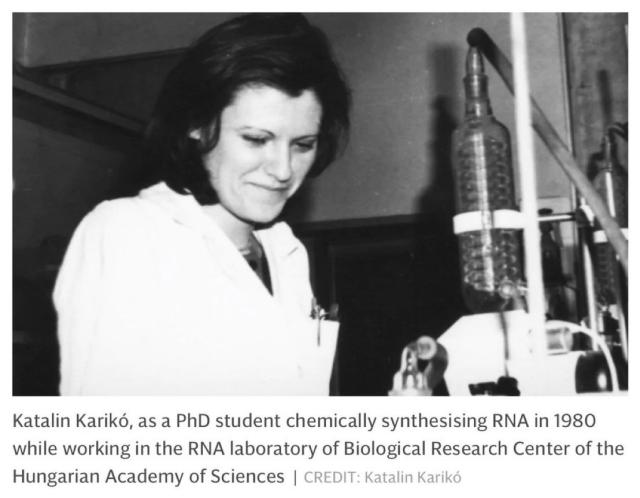 Katalin Karikó, as a PhD student chemically synthesizing RNA in 1980 while working in the RNA laboratory of Biological Research Center of the Hungarian Academy of Sciences.