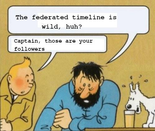 Captain Haddock telling Tintin "The federated timeline is wild, huh?" and Tintin awnsering "Captain, those are your followers".