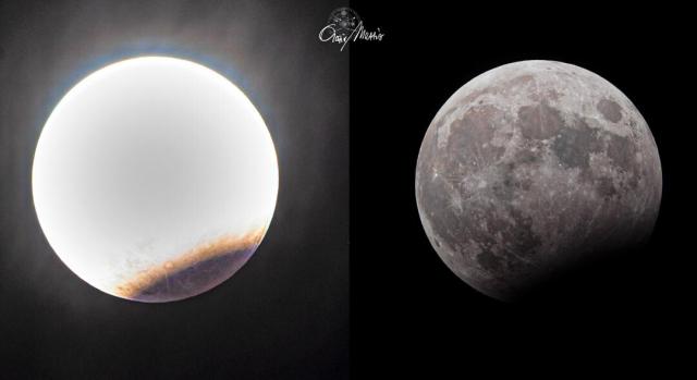 Two images of a partial lunar eclipse are shown. On the left the image is overexposed everywhere except the bottom right where the eclipsed part of the Moon is visible. On the right image most of the image is normally exposed but the bottom right part is dark.