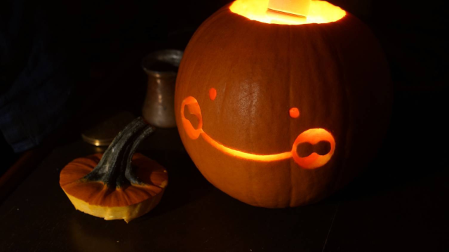 Sheep-eyed carved pumpkin.