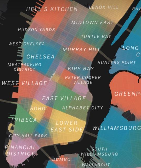 Map of New York City with blurry neighborhood borders based on self-identification by residents
