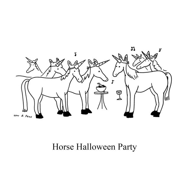 Cartoon called "Horse Halloween Party". A group of horses are standing together all wearing fake horns, dressing up as unicorns.