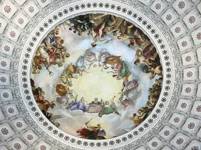 a circular ceiling fresco showing mythicised history of the origin of the u.s.a. involving historical u.s. figures and the ancient roman pantheon.