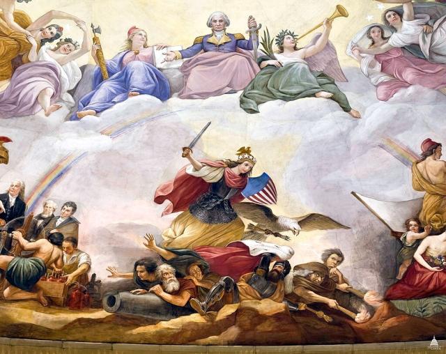 a close up of washington sitting in the clouds with others. below, the martial personification of freedom, a.k.a. columbia, fights in a battle.