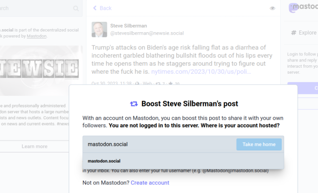 View of a post on different server than my own, with popup asking where my host server is. I put my own hosting into the popup box, which takes me to it in my timeline, from which I can share it.