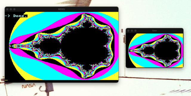 Two windows showing the same mandelbrot.tal program. left one is uxnfloppy running in qemu, right one is uxnemu.