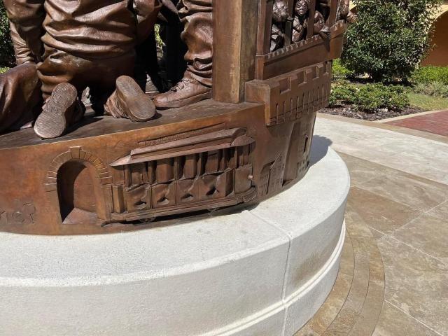 Mister Rogers sculpture close up showing the trolly.