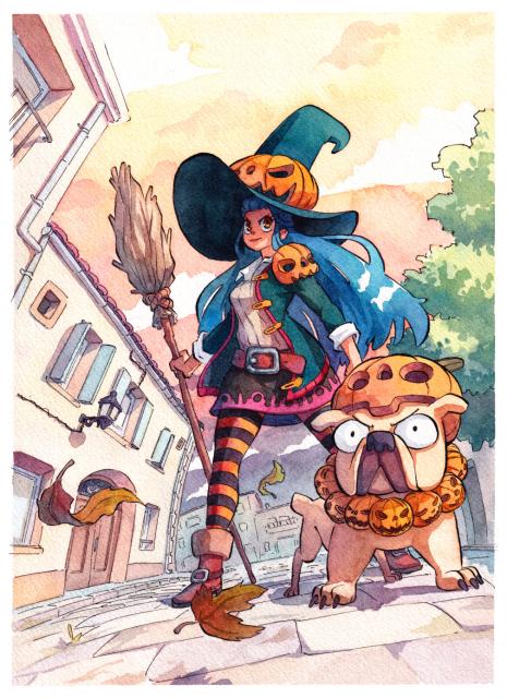 Pumpkin witch and her pumpkin dog in a street.