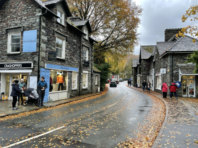 A curvy street lined with stone houses that feature store fronts, the ground is covered in orange leaves and there are orange green trees in the background. 
